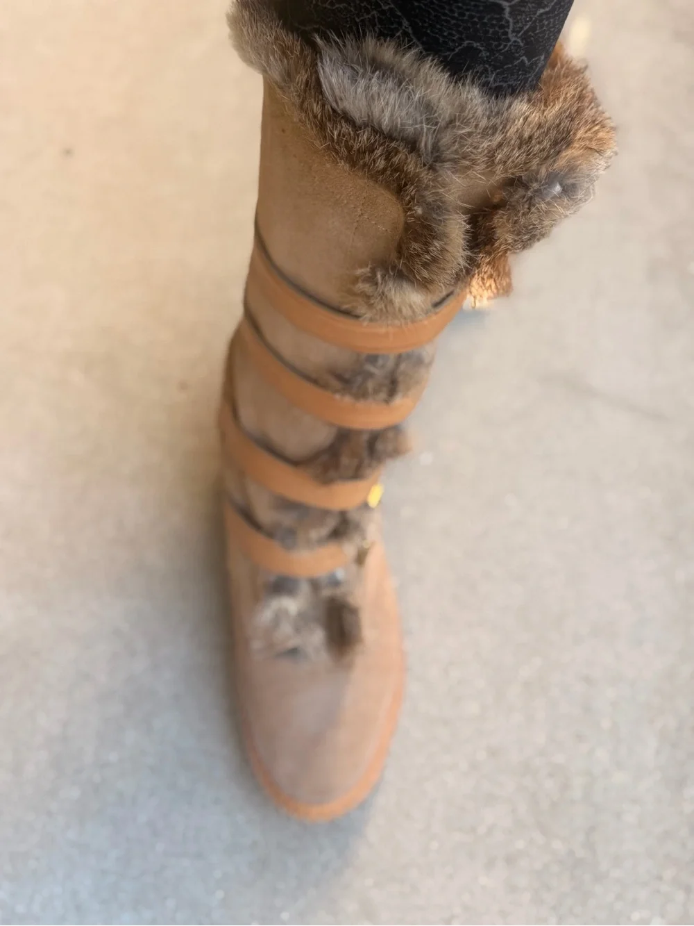 Tory Burch Taupe Faux-Fur Suede Winter Boots with Tan Leather Straps